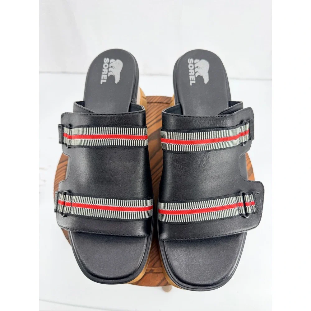 NWOB Sorel Joanie III Slide Sandals Black Red‎ 12 Wedge Heel Chunky Open Toe